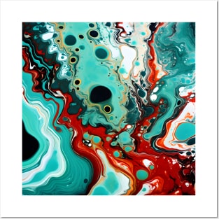 Teal and Crimson Fluid Color Mix Posters and Art